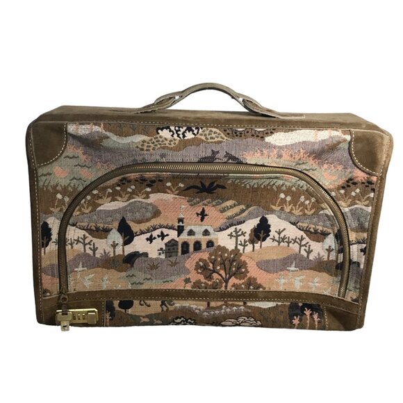 Vtg French Luggage Co Tapestry Brown Suede Luggage Set Countryside with Unicorn - Picture 2 of 16